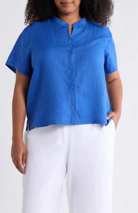 Mandarin Collar Short Sleeve Organic Linen Button-Up Shirt