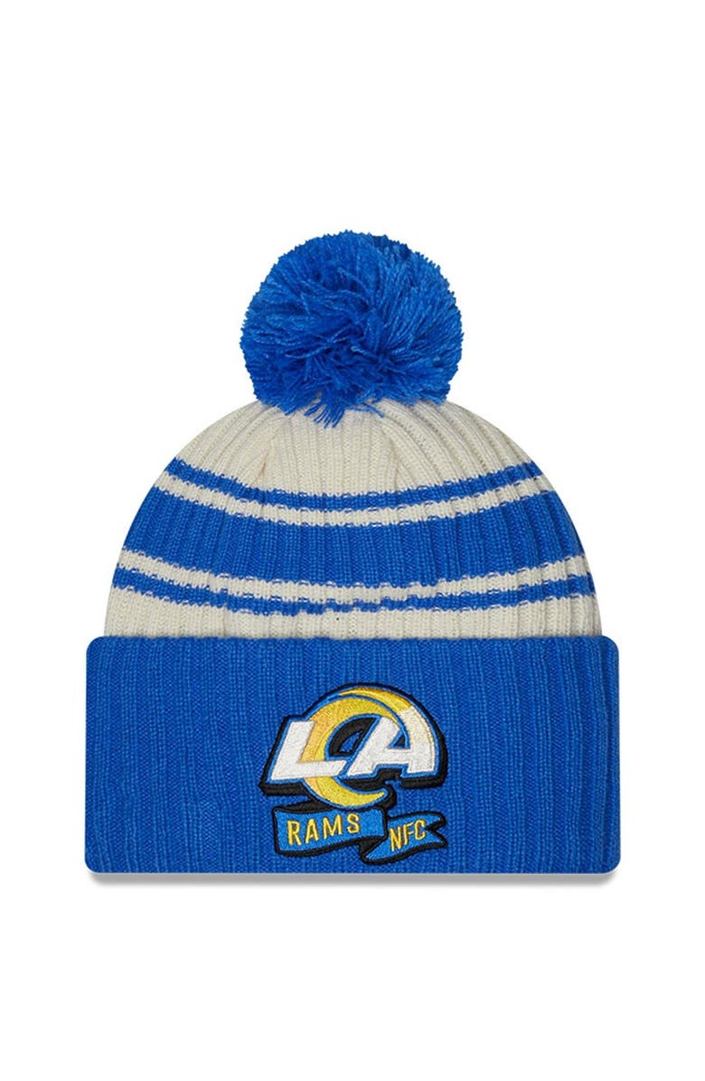 New Era Men's New Era Cream/Royal Los Angeles Rams 2022 Sideline Sport Cuffed Pom Knit Hat, Main, color, Cream