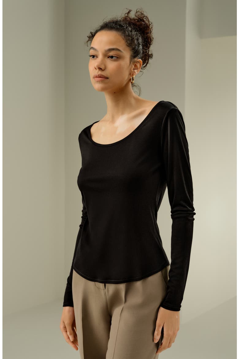 Women's Scoop-Neck Pure Silk Slim Fit Top, Alternate, color, Black