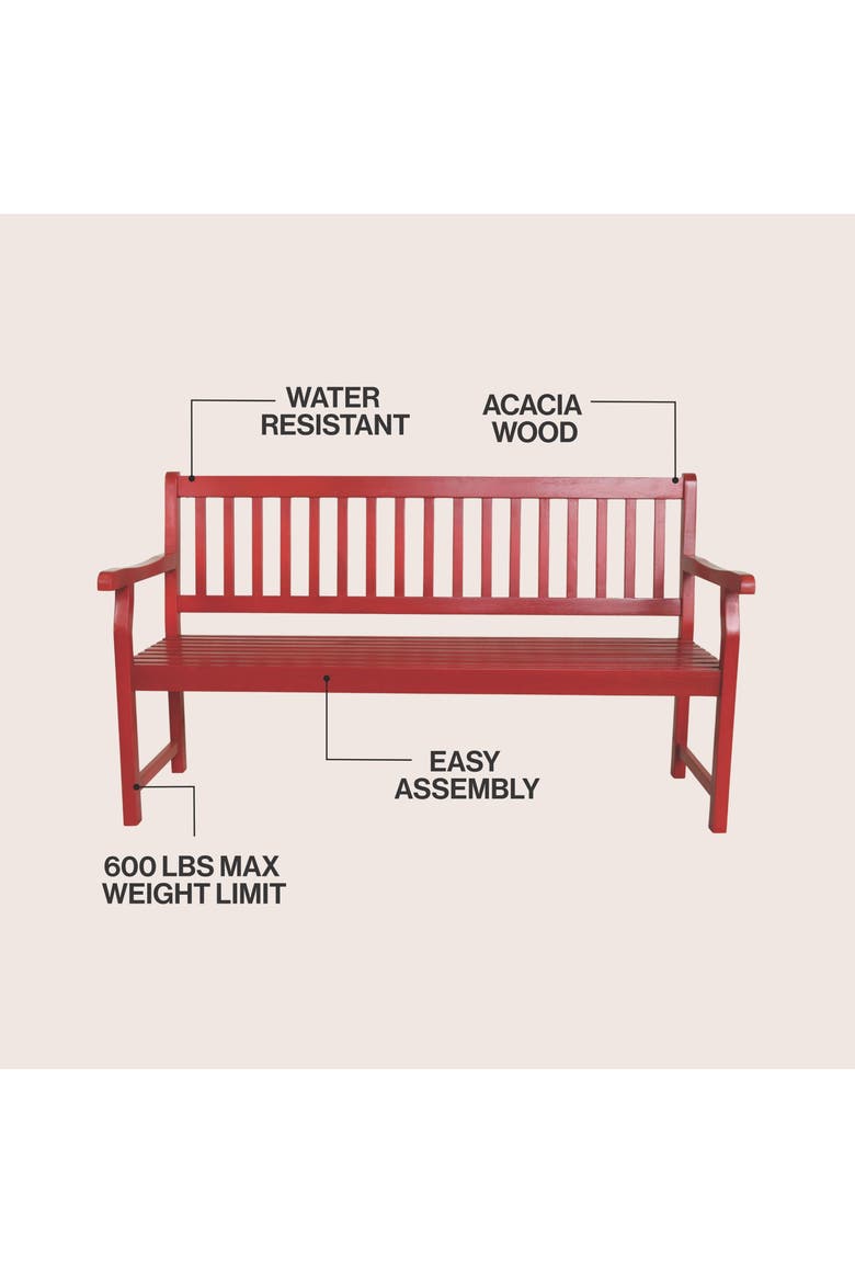 Laurel Classic Slatted Acacia Mangium Wood Indoor/Outdoor Patio Garden Bench with Armrests for Porch, Deck and Entryway, Alternate, color, Red
