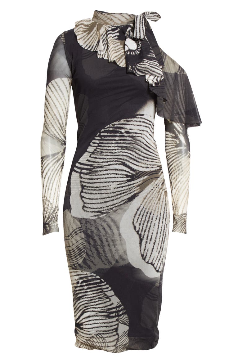 Floral Print Ruffle One-Shoulder Long Sleeve Tulle Dress, Alternate, color, NERO