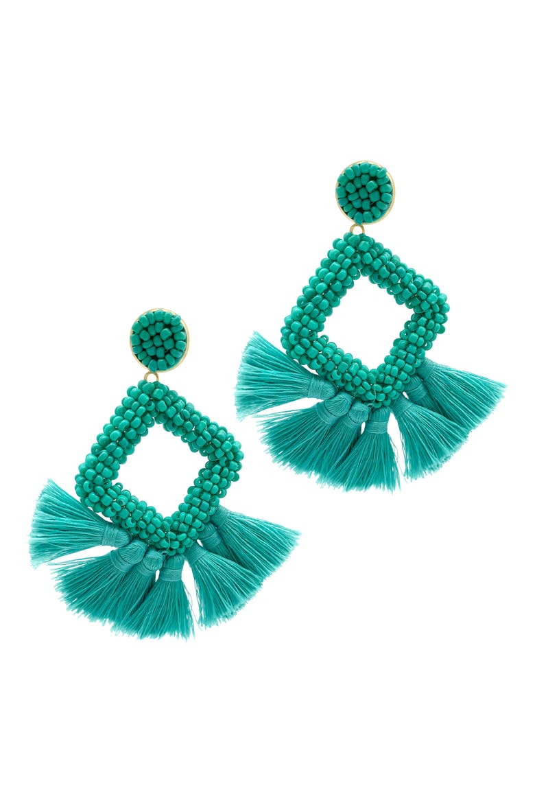 Beaded Square Fringe Drop Earrings, Main, color, BLUE