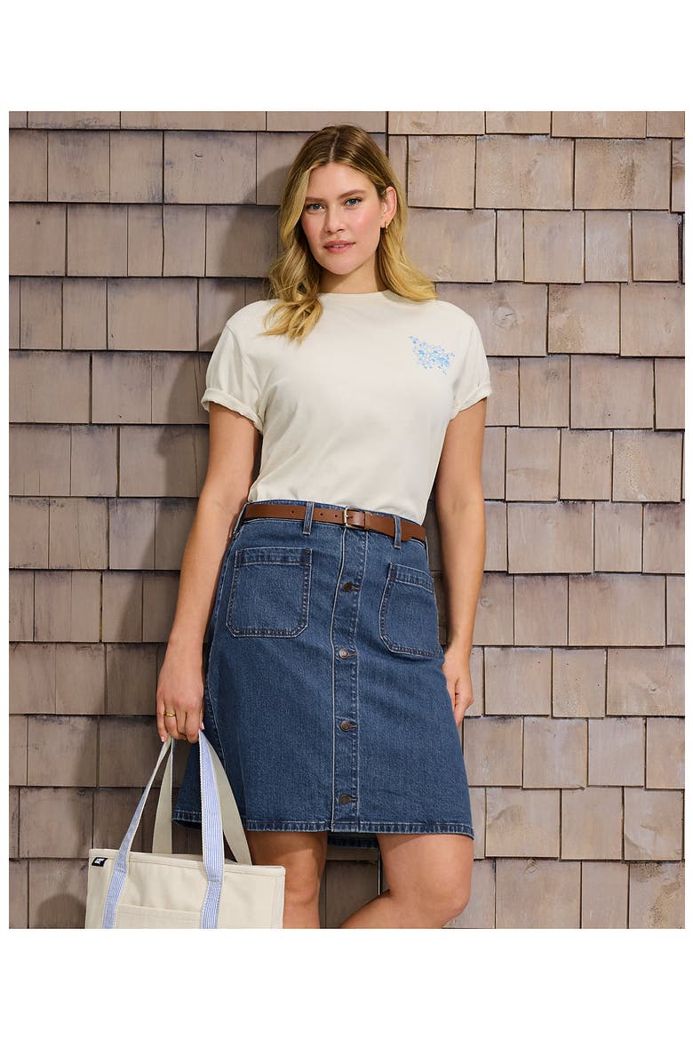 Plus Size Soft Denim Mid Rise Button Through Above the Knee Skirt, Alternate, color, Indigo Tide Blue