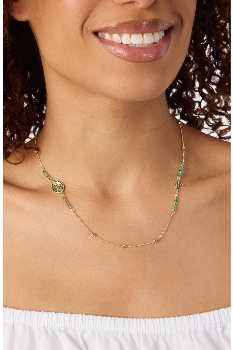 Virgin Mary & Cross Cubic Zirconia Necklace, Alternate, color, GREEN/ GOLD