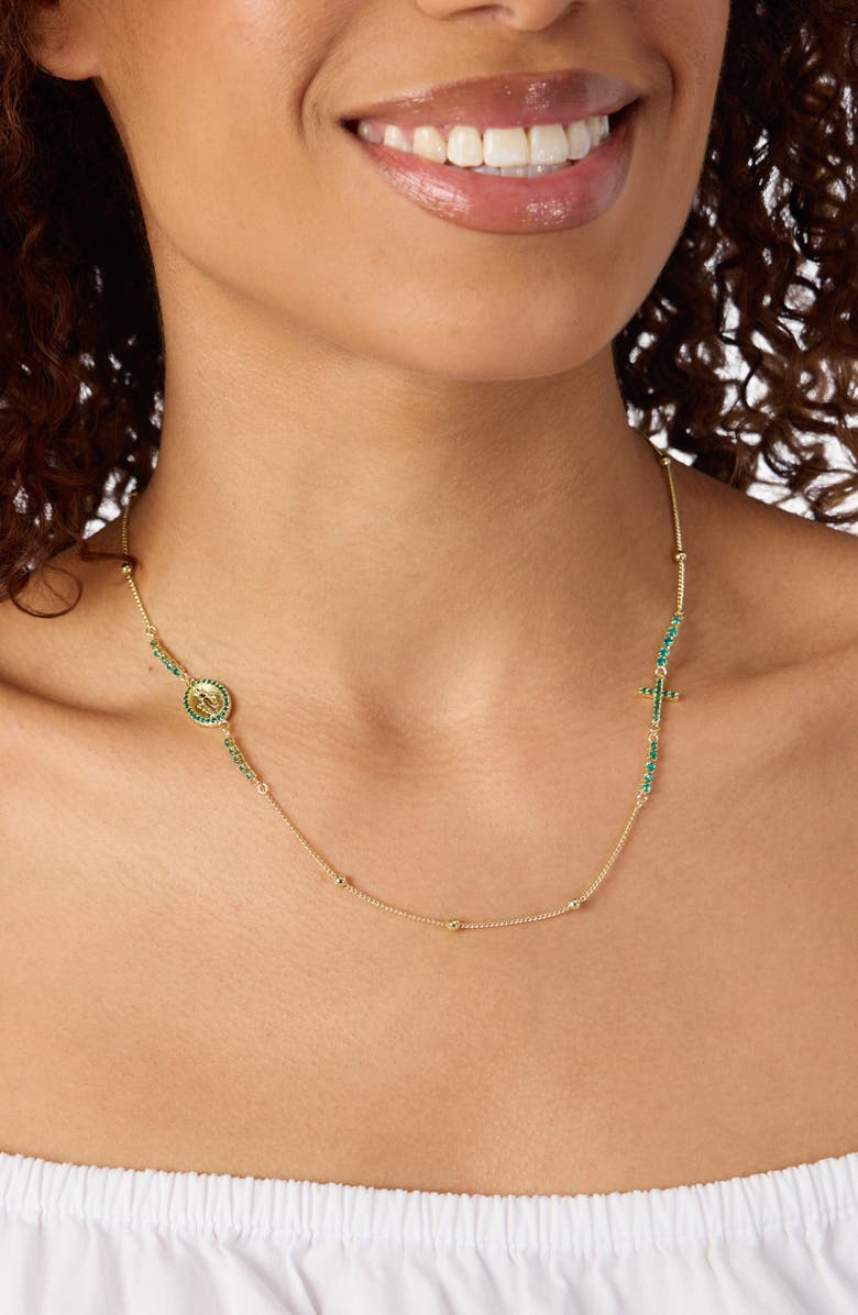 ATHRA LUXE Virgin Mary & Cross Cubic Zirconia Necklace, Alternate, color, Green/ Gold