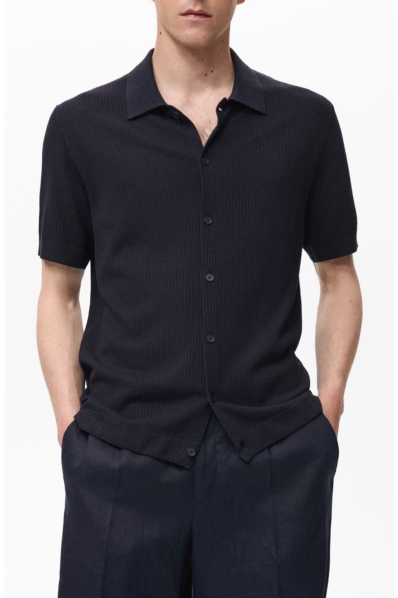 Short Sleeve Rib-Knit Button-Up Shirt, Main, color, NAVY