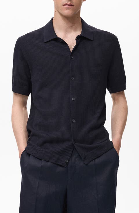 Short Sleeve Rib-Knit Button-Up Shirt