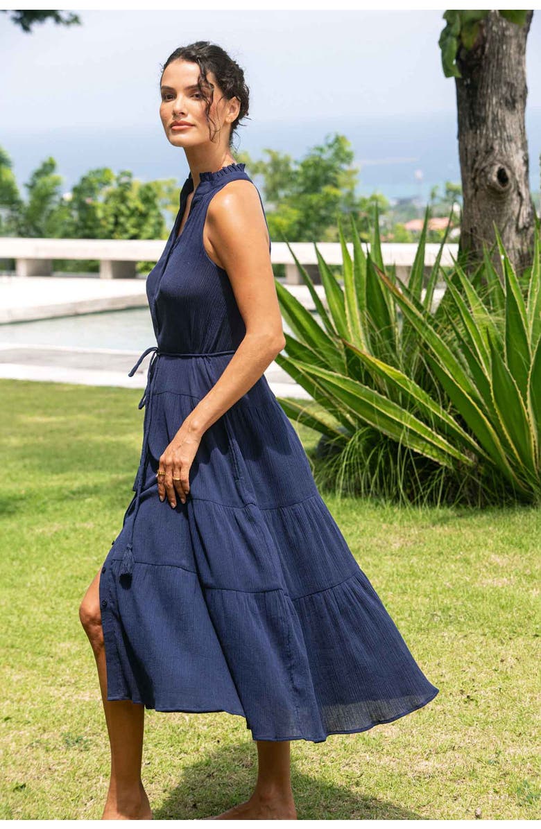 Change of Scenery Tracy Cotton Tiered Midi Shirtdress, Alternate, color, Navy