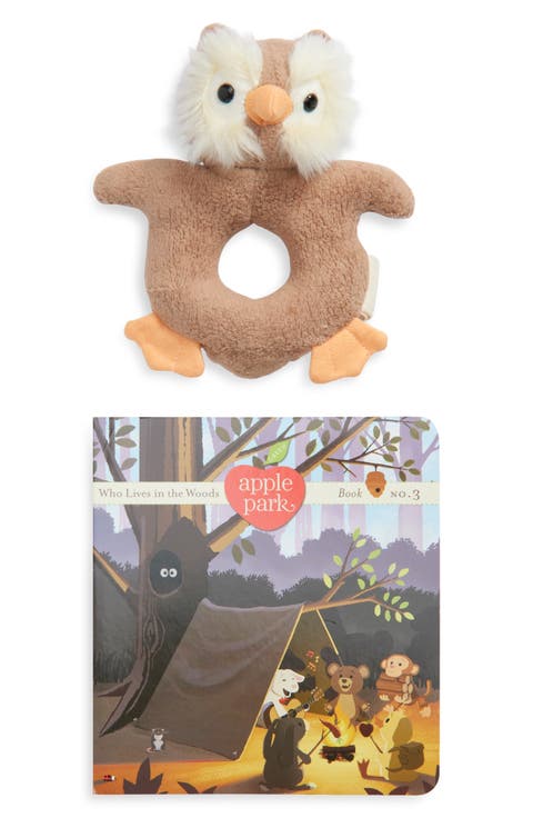 Who Lives in the Woods Board Book & Teething Rattle Set