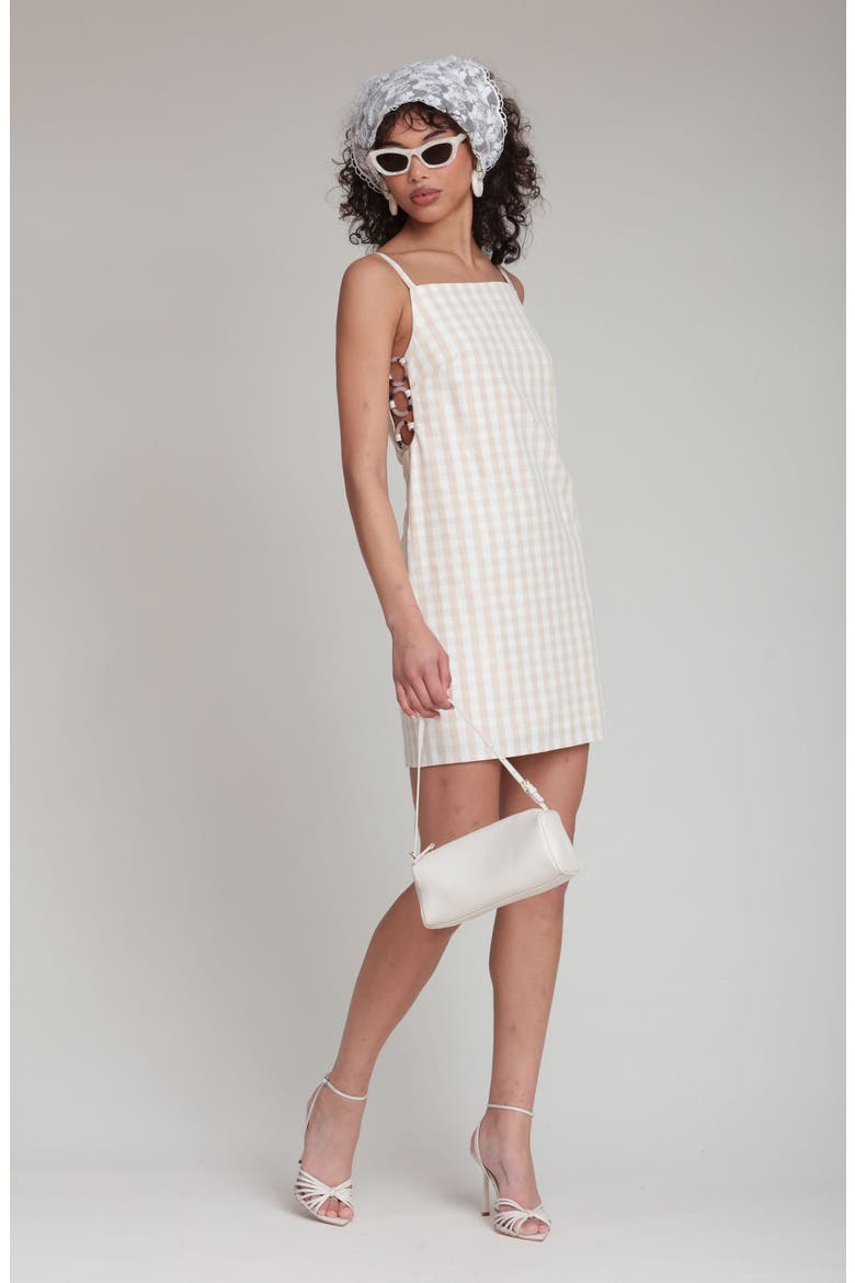 Check Sleeveless Minidress, Alternate, color, BEIGE GINGHAM