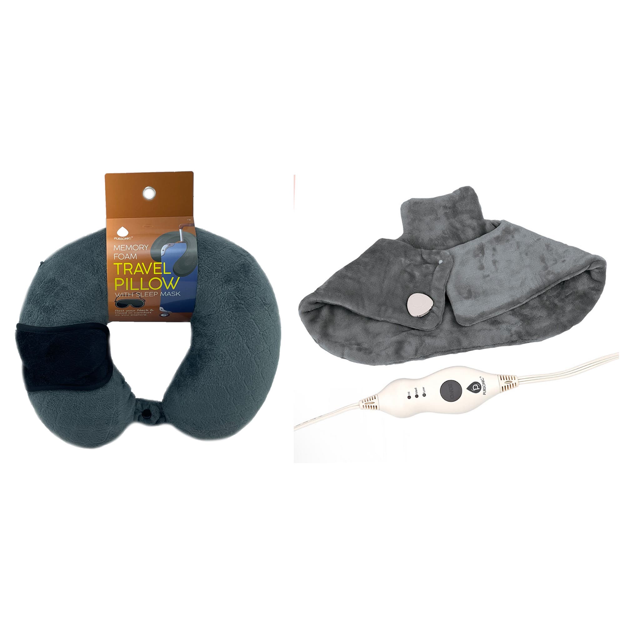 PURSONIC Electric Neck & Shoulder Heating Pad + Memory Foam Travel Pillow, Main, color, Grey