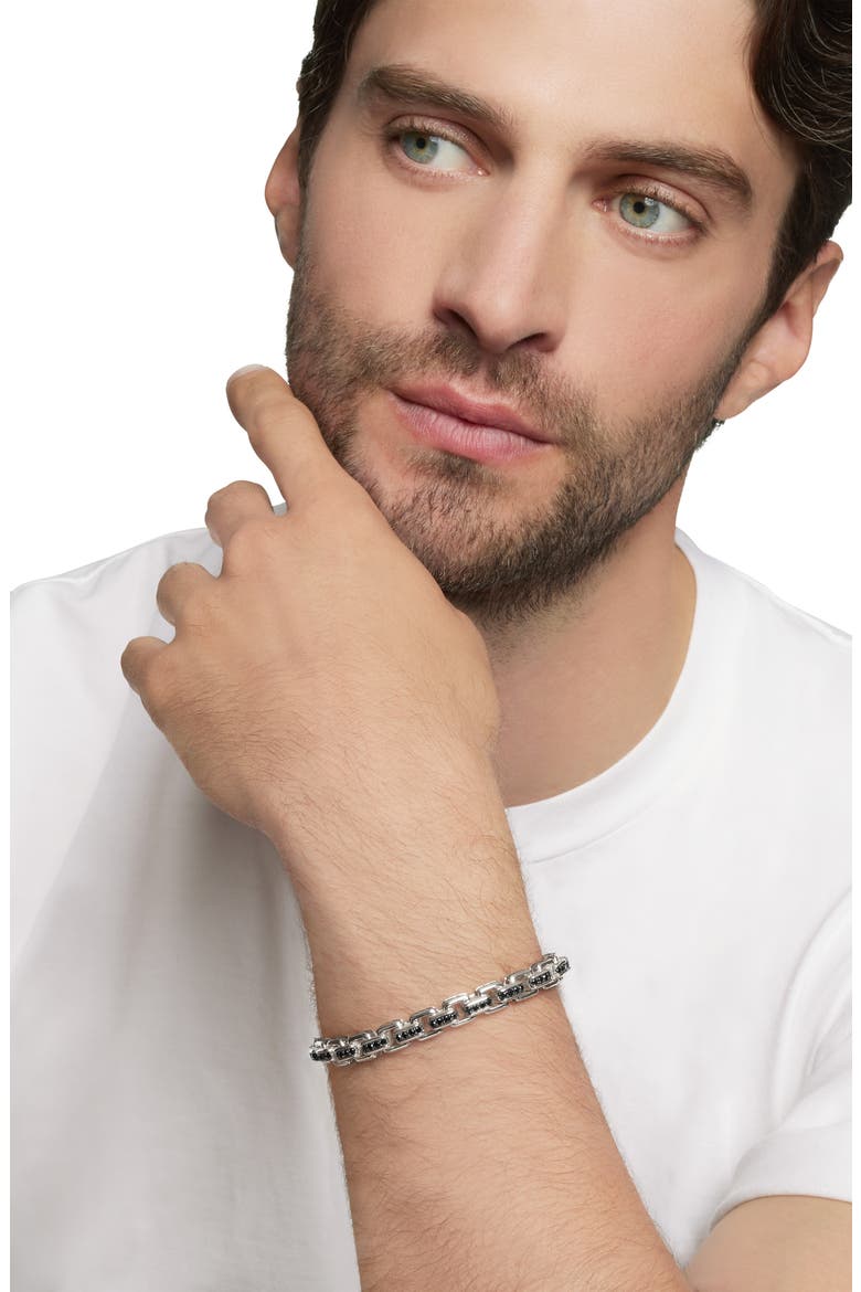 Men's Box Chain Bracelet in Sterling Silver with Black Diamonds, 7.3mm, Alternate, color, STERLING SILVER