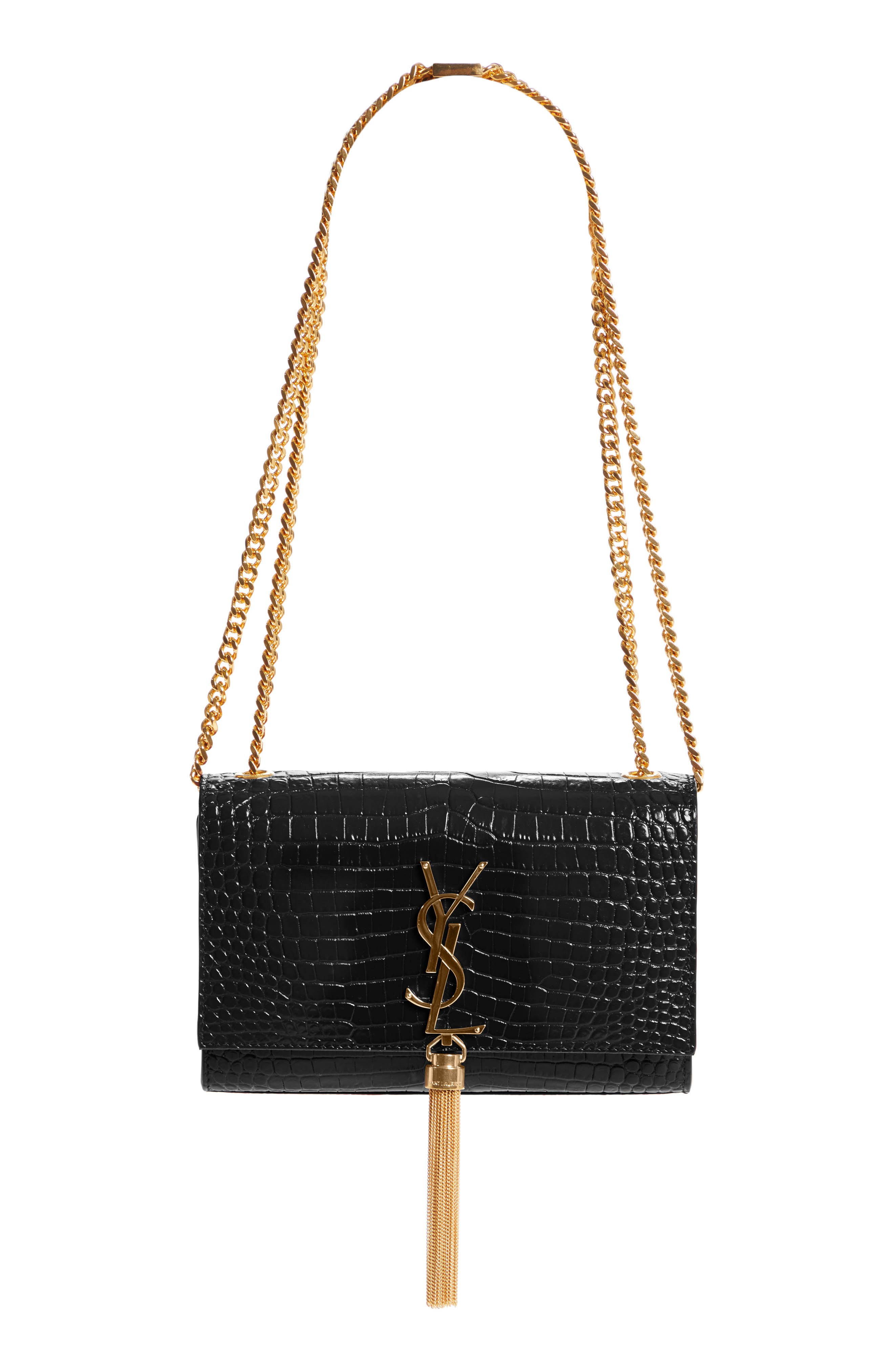 Saint Laurent Small Kate Croc Embossed Leather Shoulder Bag, Alternate, color, 