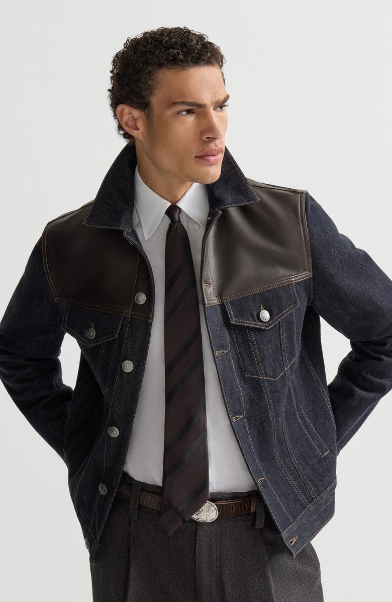 Brunello Cucinelli Paneled no-fade denim four-pocket jacket, Alternate, color, Blue