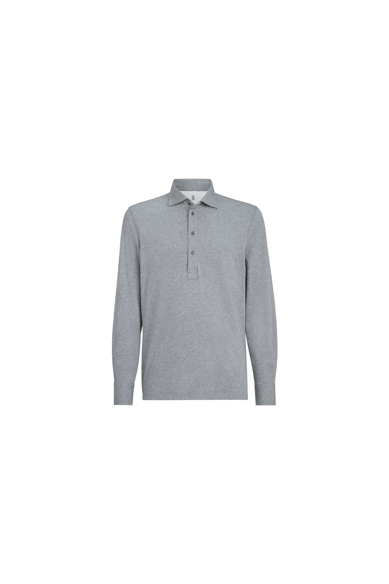 Cotton jersey long sleeve polo with shirt-style collar, Alternate, color, Medium Grey