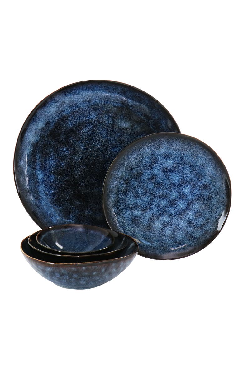 Elama Lucca 20 Piece Round Stoneware Triple Bowl Dinnerware Set in Reactive Glaze, Alternate, color, Blue