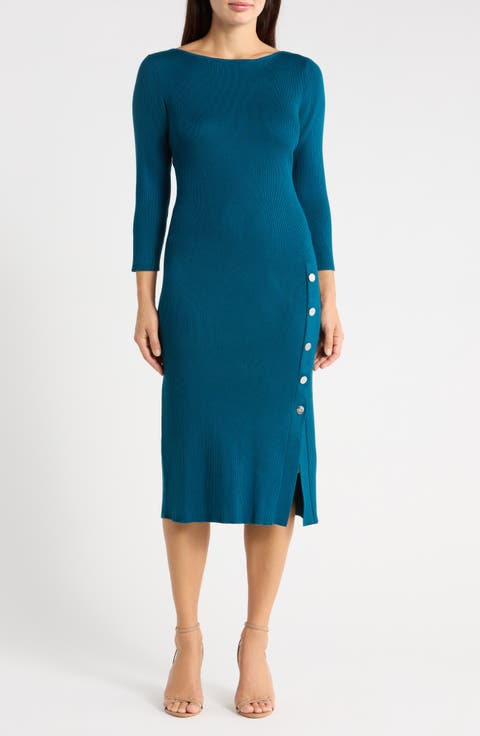 Boatneck Side Button Midi Dress