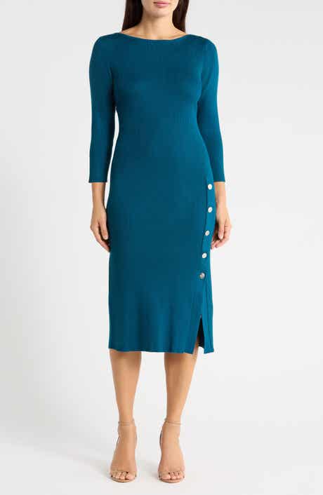 Boatneck Side Button Midi Dress