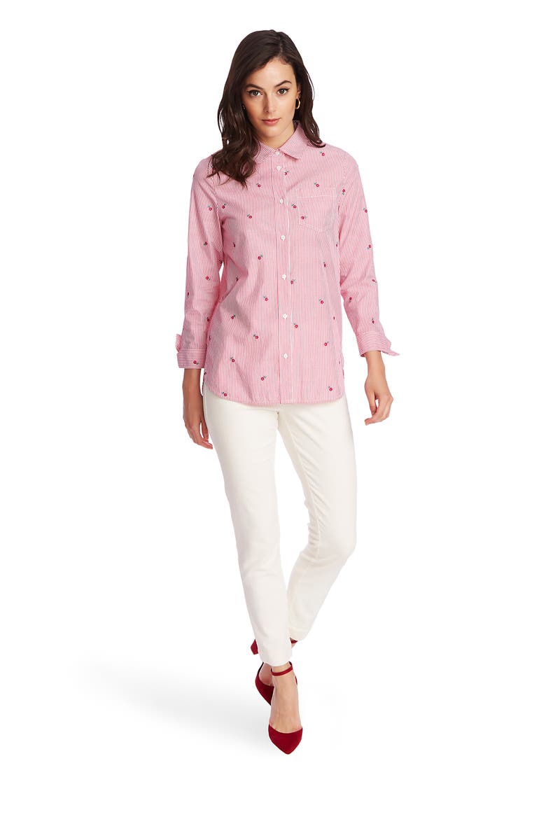 Floral Embroidery Pinstripe Cotton Button-Up Shirt, Alternate, color, APRES PINK
