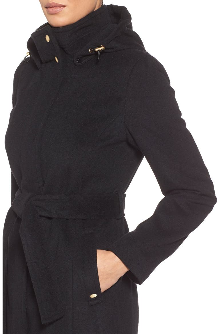 Belted Long Wool Blend Coat with Detachable Hood, Alternate, color, BLACK