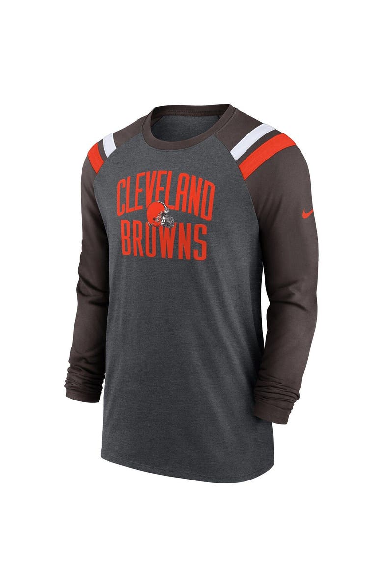 Nike Men's Nike Heathered Charcoal/Brown Cleveland Browns Tri-Blend Raglan Athletic Long Sleeve Fashion T-Shirt, Alternate, color,