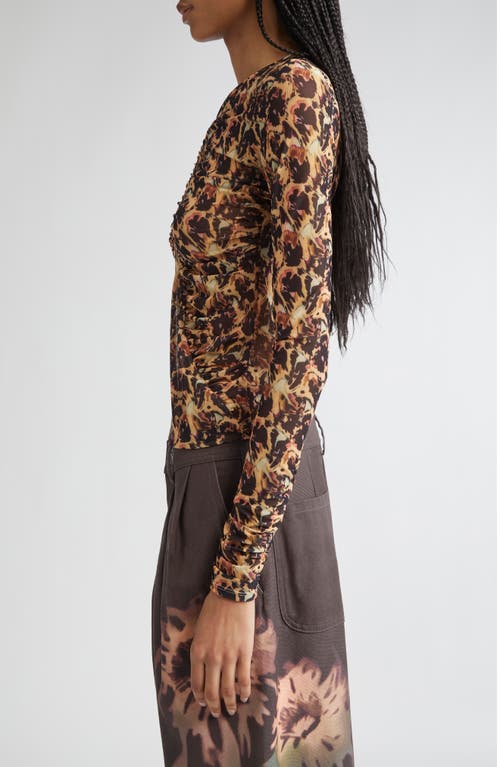 Collina Strada Serpentine Leopard Floral Long Sleeve Mesh Top In Brown