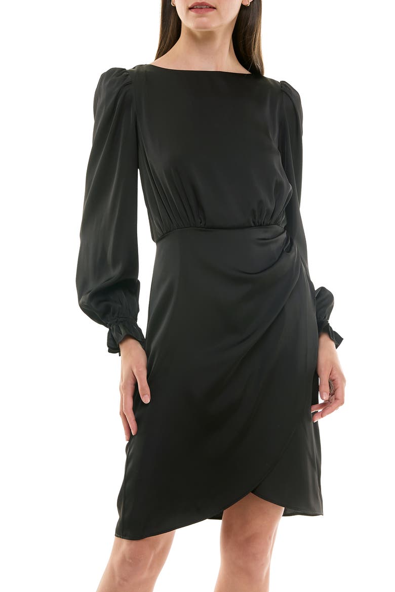 Ruffle Cuff Faux Wrap Minidress, Main, color, VERY BLACK