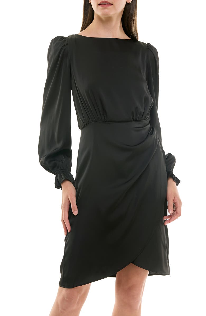 Nicole Miller Ruffle Cuff Faux Wrap Minidress, Main, color, Very Black