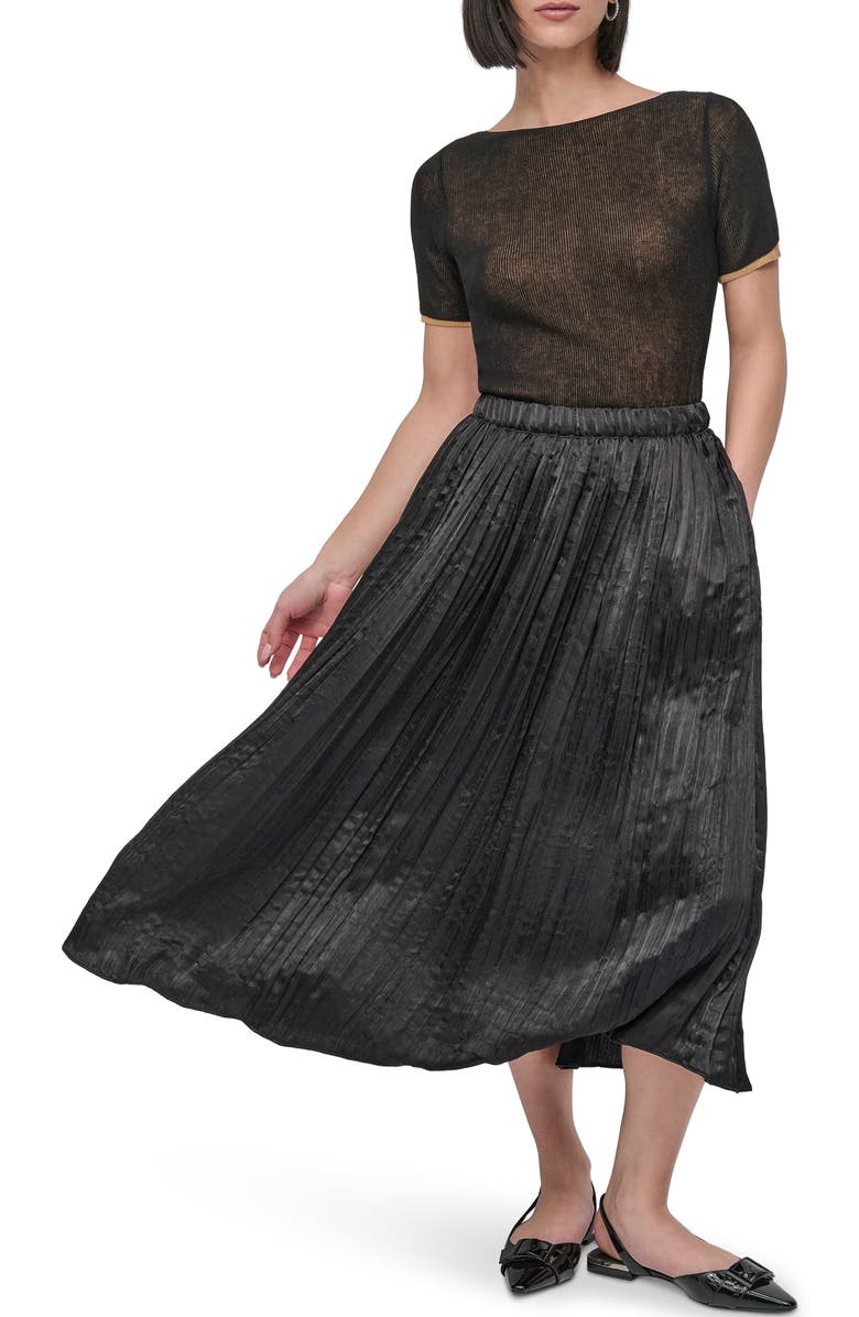 DKNY Crushed Pleated Midi Skirt, Alternate, color, Black