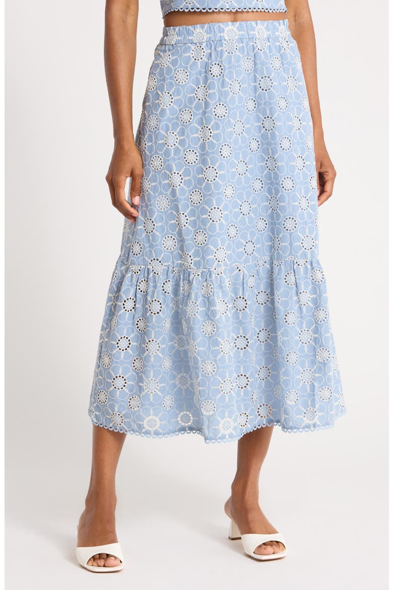 Embroidered Cotton Tiered Skirt, Main, color, BLUE DAISY