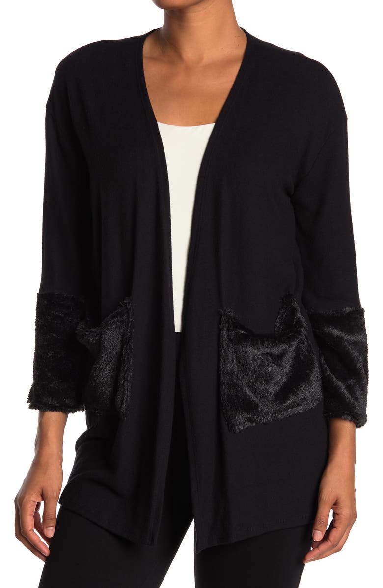 GO COUTURE Long Sleeve Double Stitch Faux Fur Cardigan, Main, color, Heather Grey Bttm Black