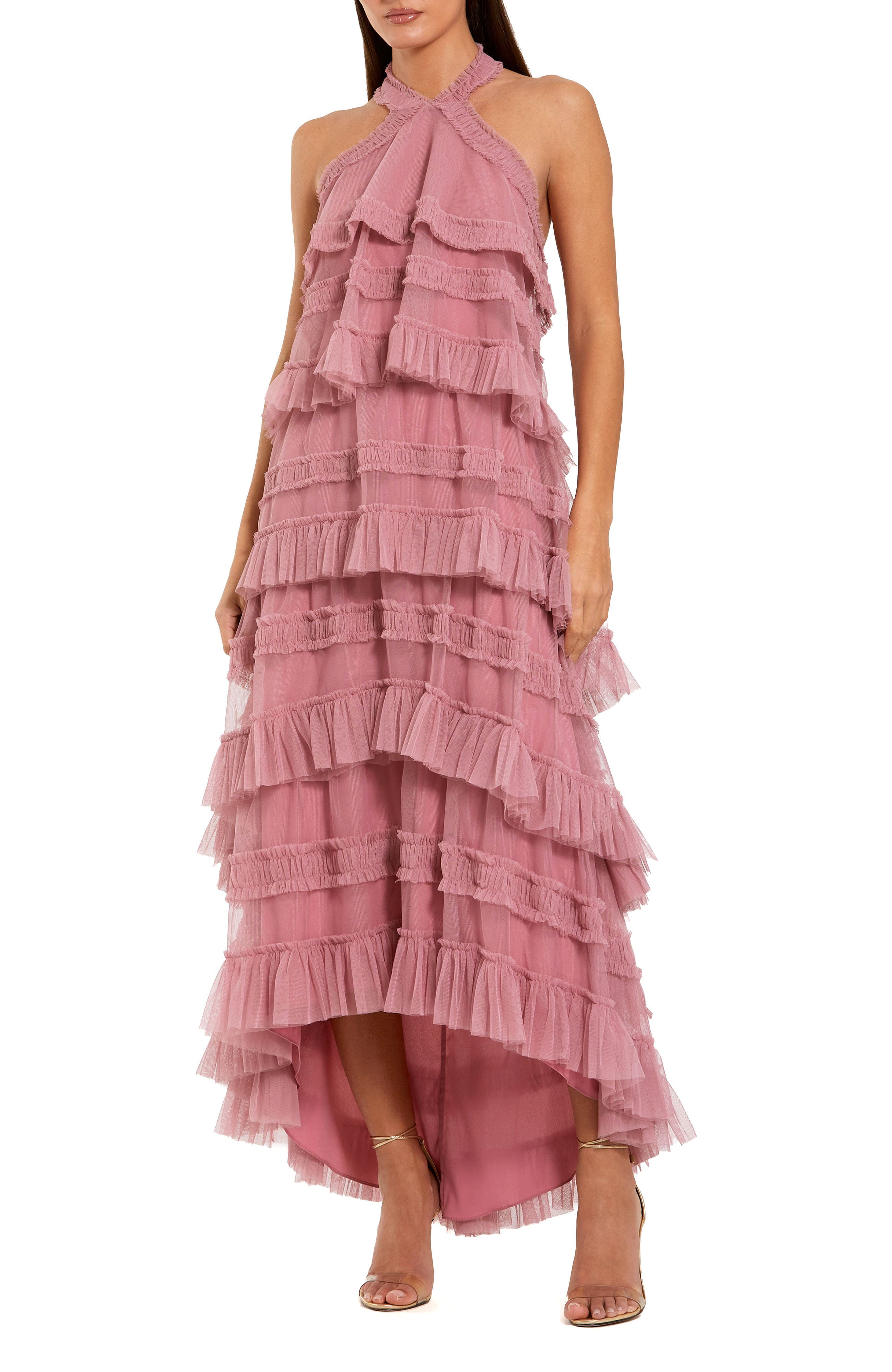 Dot Mesh Ruffle Halter Neck Ankle Dress