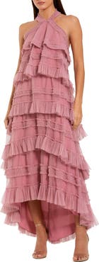 Mac Duggal Dot Mesh Ruffle Halter Neck Ankle Dress