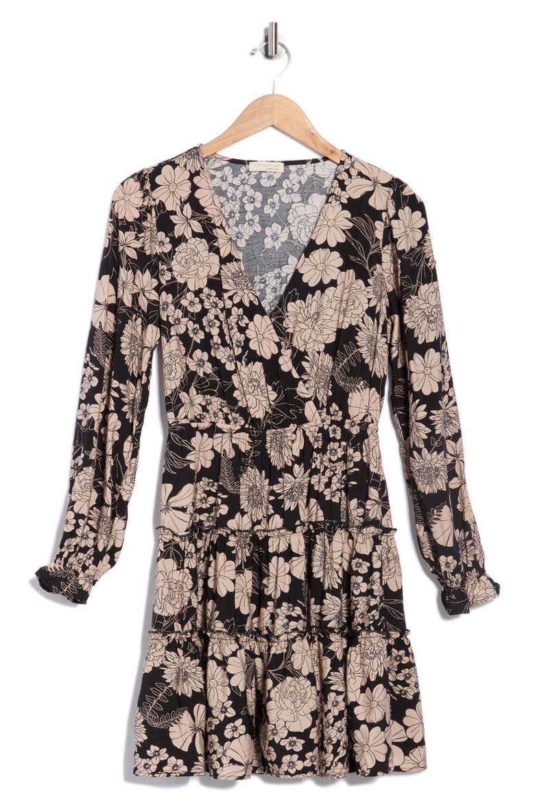 Floral Tiered Long Sleeve Minidress, Alternate, color, BLACK/ TAUPE