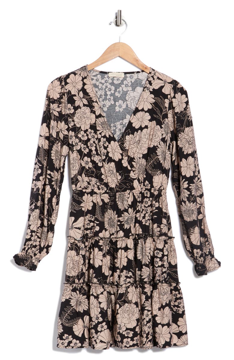Lovestitch Floral Tiered Long Sleeve Minidress, Alternate, color, Black/ Taupe