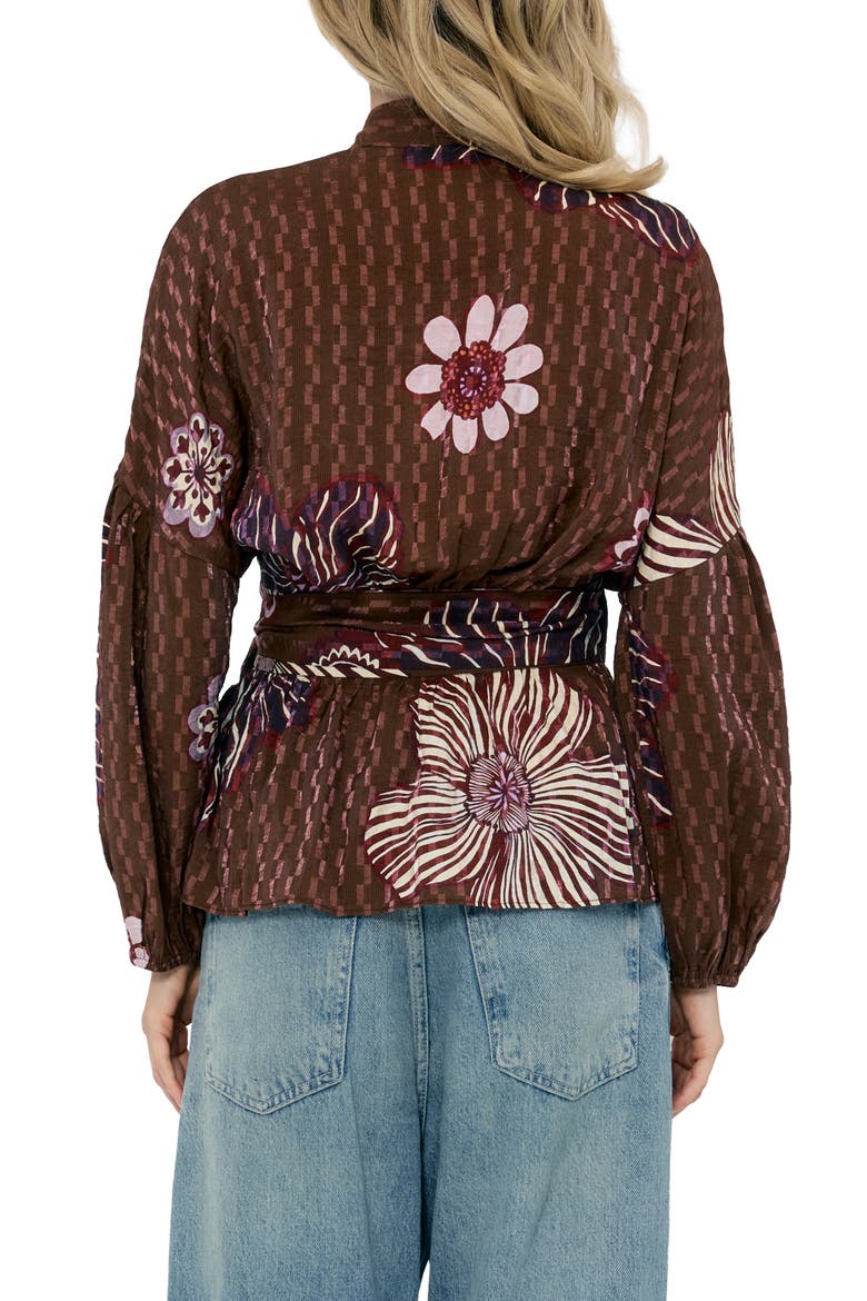 Opal Floral Balloon Sleeve Wrap Top, Alternate, color, BROWN MULTI