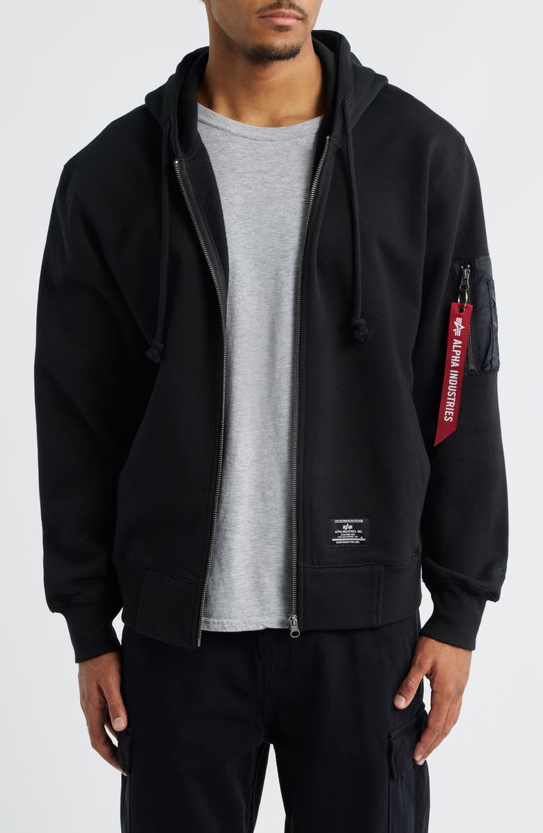 Alpha Industries Utility Pocket Cotton Fleece Zip Hoodie, Main, color, Black
