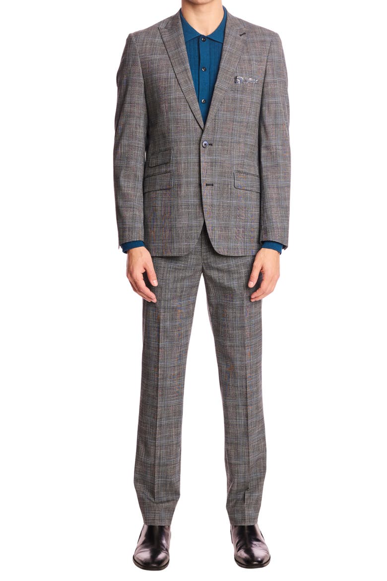 Downing Slim Fit Flat Front Plaid Dress Pants, Alternate, color, BLUE BLACK PLAID