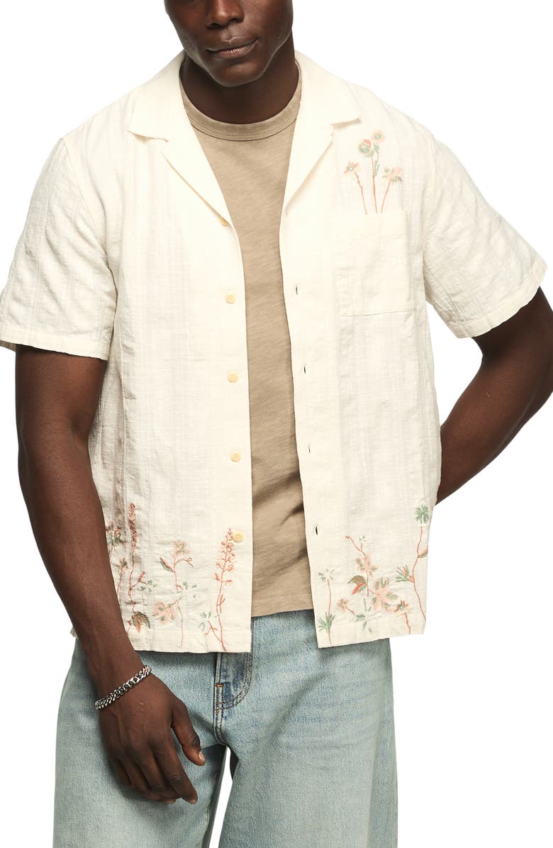 Lucky Brand Embroidered Cotton Camp Shirt, Main, color, Cream Multi