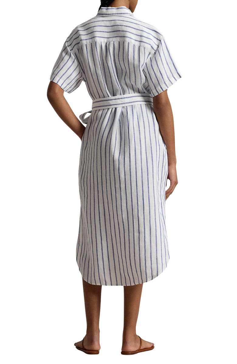 Polo Ralph Lauren Striped Belted Linen Midi Shirtdress, Alternate, color, White-Royal