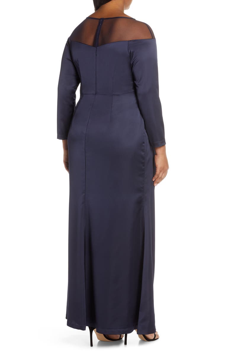 Adrianna Papell Long Sleeve Illusion Off the Shoulder Satin Gown, Alternate, color,