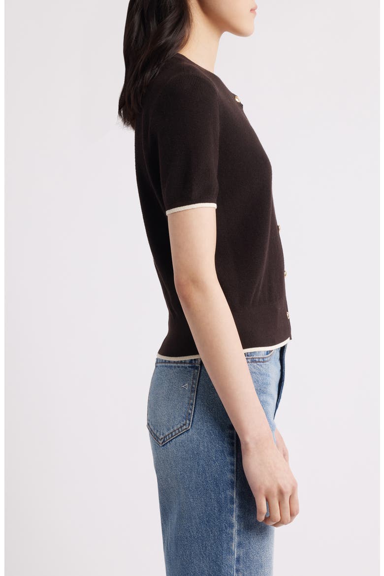 Dina Tipped Short Sleeve Cotton Blend Cardigan, Alternate, color, CHOCOLATE BROWN