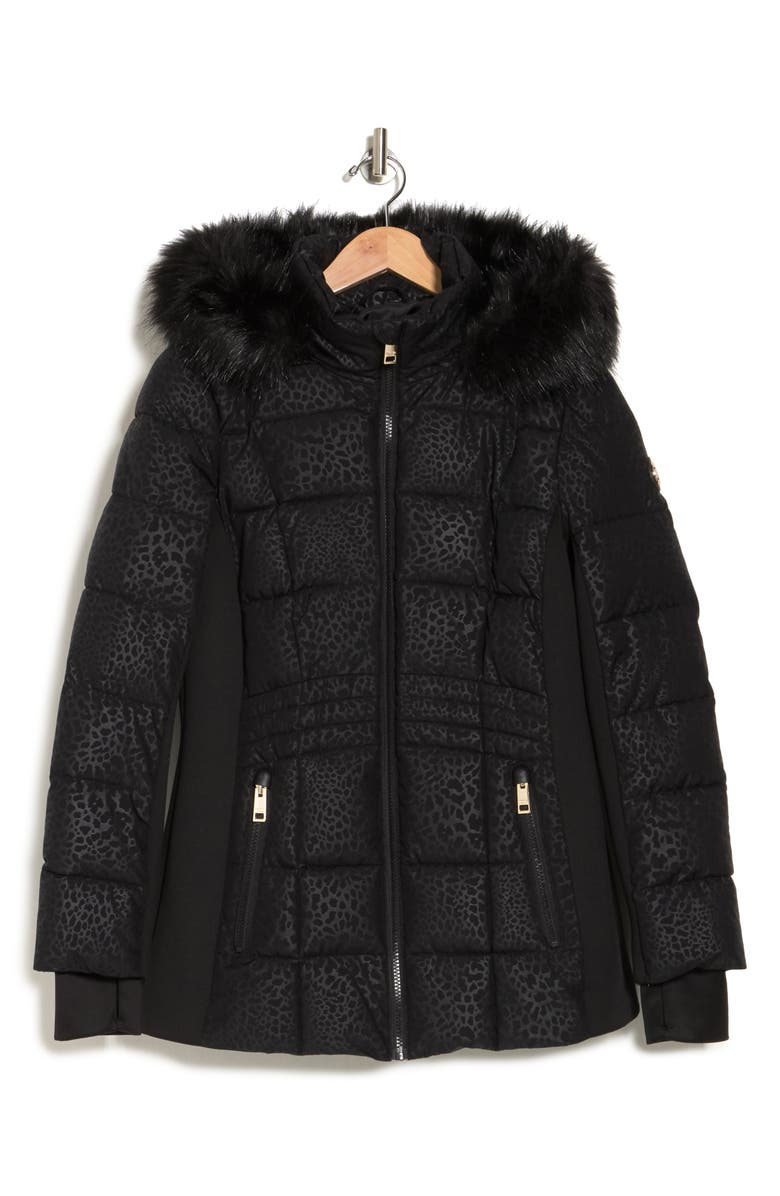 Michael Kors Faux Fur Trimmed Tonal Leopard Print Puffer Jacket, Alternate, color, 