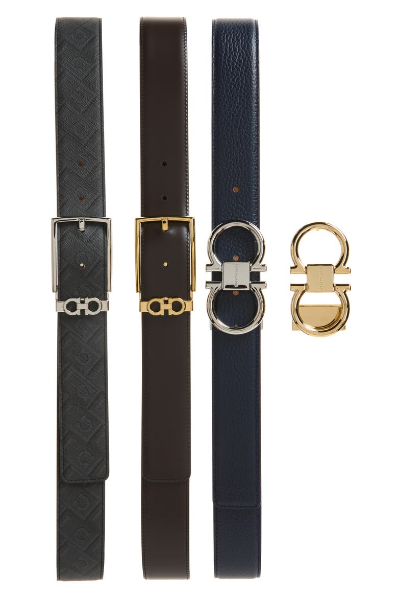Set of 3 Reversible Leather Belts with Interchangeable Buckles, Main, color, BLACK/BROWN/BLUE MULTI