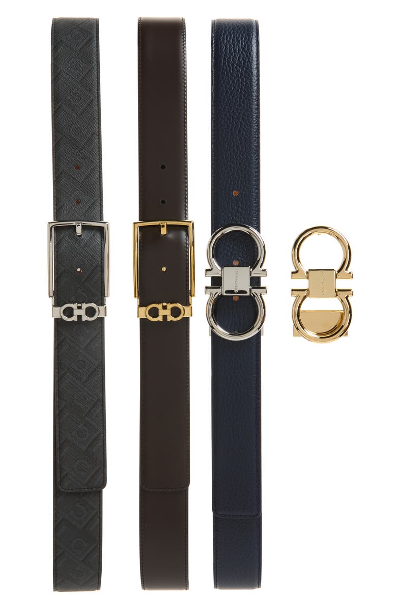 FERRAGAMO Set of 3 Reversible Leather Belts with Interchangeable Buckles, Main, color, Black/Brown/Blue Multi
