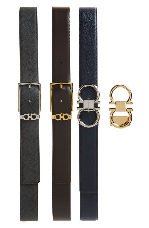 Set of 3 Reversible Leather Belts with Interchangeable Buckles