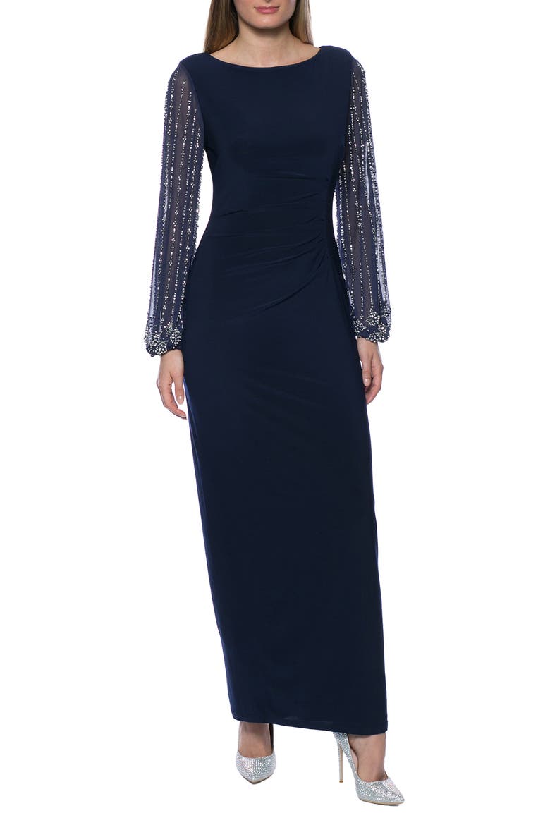 Beaded Long Sleeve Maxi Gown, Main, color, NAVY