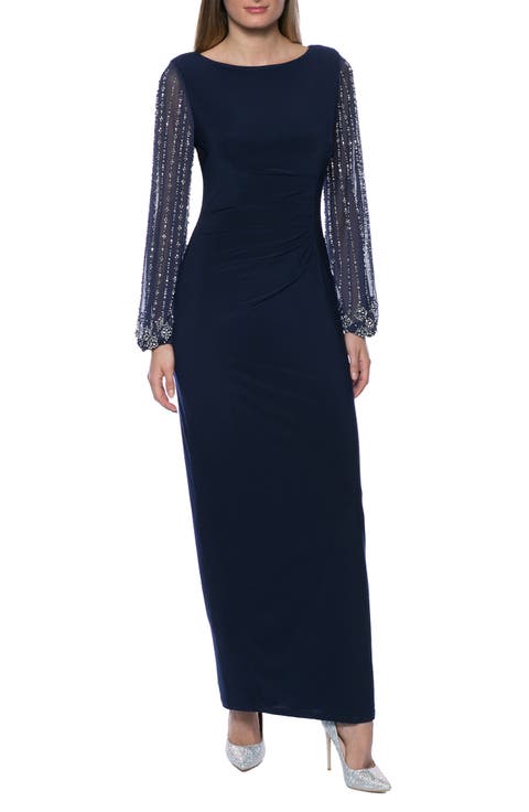 Beaded Long Sleeve Maxi Gown