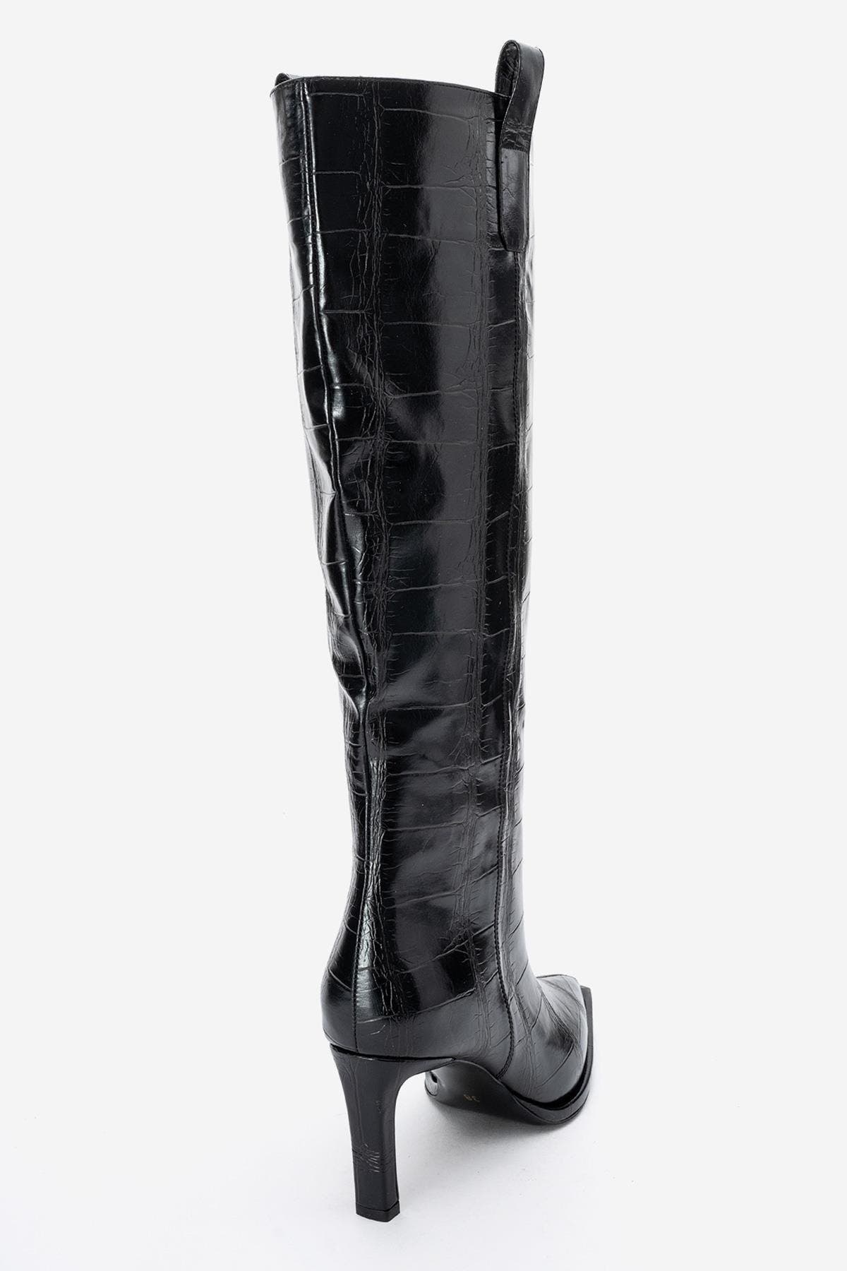 Prologue Shoes Lunelle Stiletto Knee High Boot, Alternate, color, Black Print Faux Leather