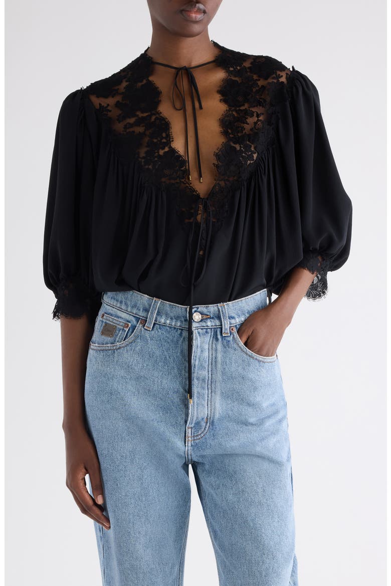 Lace Trim Silk Top, Main, color, BLACK